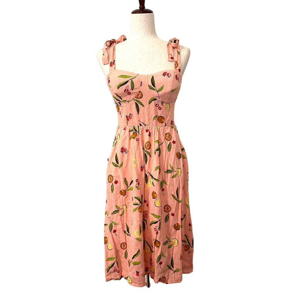 Fruit Print Linen Blend Midi Dress LC Lauren Conrad Peach Pink M Cottage Picnic - Picture 2 of 9